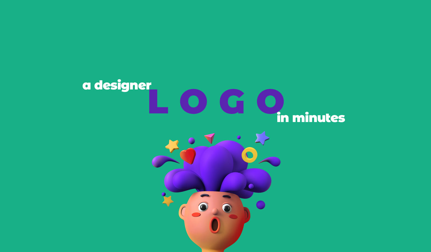 A 3D illustration of a man looking shocked. The text above his head reads "a designer LOGO design in minutes". The colors are green, purple and yellow. 