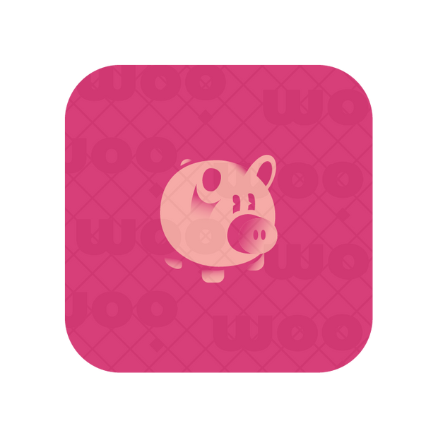 Modern piggy bank logo in light pink against a dark pink background 