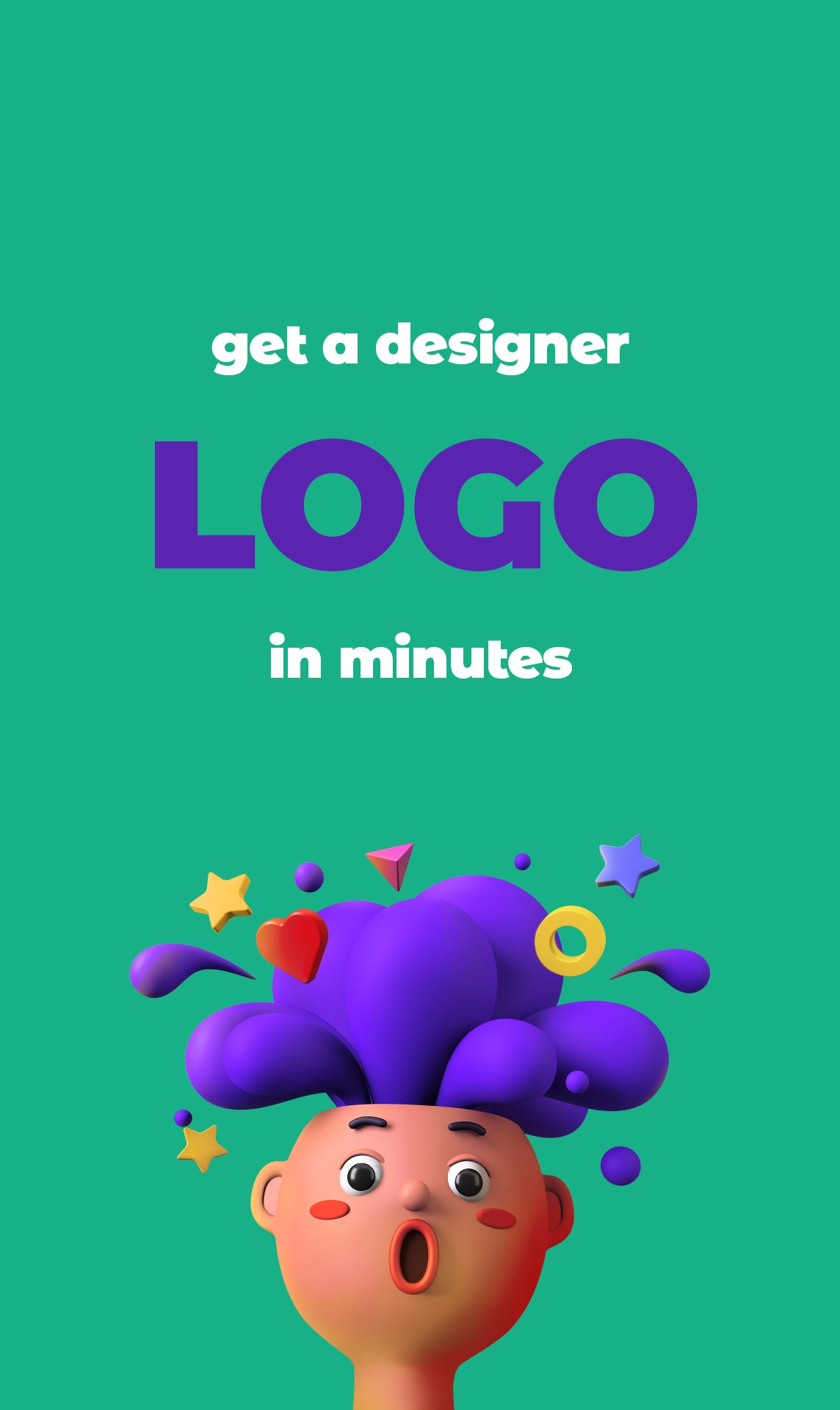 An image showing a person being with a surprised expression on his face along with the text that reads a "a designer logo in minutes".