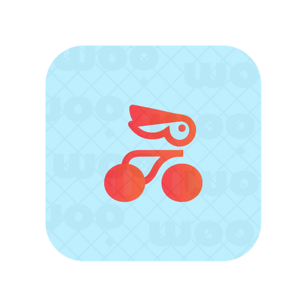 Bunny riding a bike logo in red against a blue background