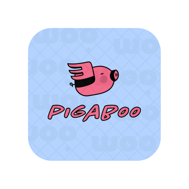 Minimal piggy logo in pink against a baby blue background